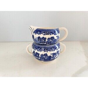 Vintage Sugar & Creamer Blue Willow Stamped Willow Woodware Wood & Sons England